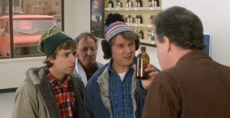 bob and doug mckenzie try to get free beer using a mouse in a bottle