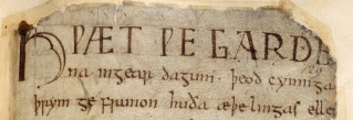 Opening lines of Beowulf from Manuscript Cotton Vitellius