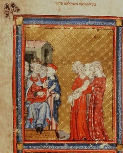 14th century illustration of Moses being found from Golden Haggadah (image source: http://www.bl.uk/onlinegallery/ttp/hagadah/accessible/images/page8full.jpg)